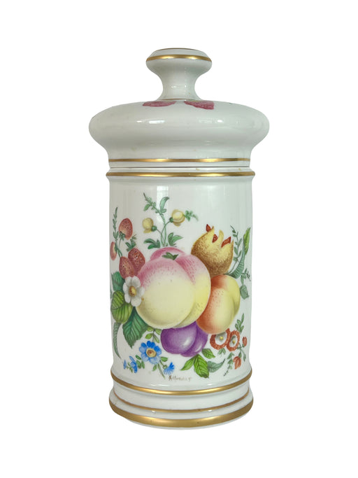 Limoges White Porcelain Lidded Cannister Jar, Artist Signed with Summer Fruits & Wild Flowers Pattern, French