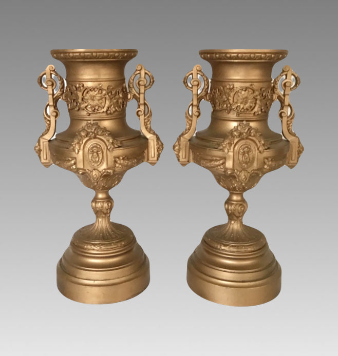 20th. Century Italian Neoclassical Spelter Ornamental Old Gold Urns or Planters - a Pair