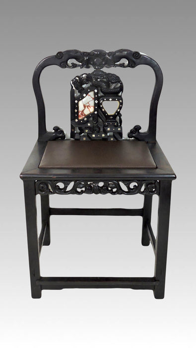 19th Century Chinese Blackwood (Hongmu), Marble & Mother of Pearl Upholstered Formal Antique Side Chair