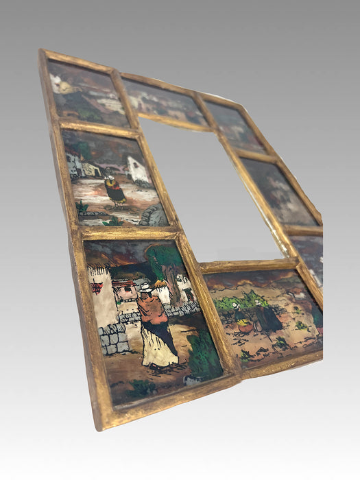 Vintage Peruvian Gold Framed Rectangular Wall Mirror with Eight Reverse Painted Village Vignettes