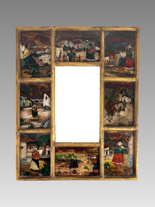 Vintage Peruvian Gold Framed Rectangular Wall Mirror with Eight Reverse Painted Village Vignettes