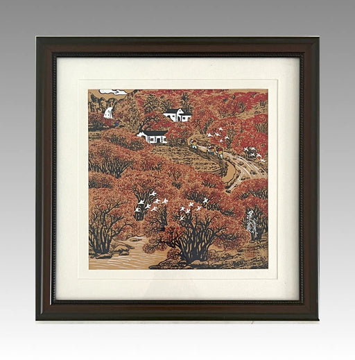The Autumn Forest Village, Modernistic Original Woodblock Framed & Signed Picture