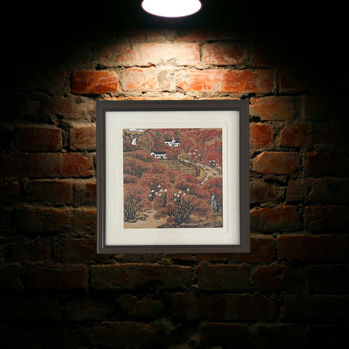 The Autumn Forest Village, Modernistic Original Woodblock Framed & Signed Picture