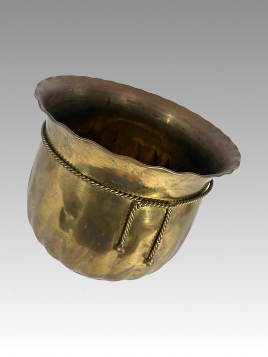 Vintage Hand Hammered Round Form Brass Planter with Rope Detailing