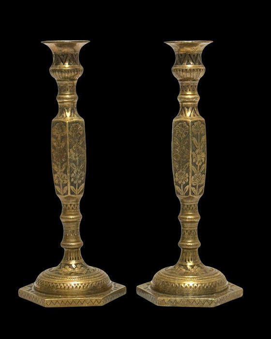 Early European 19th. C. Hand Engraved Cast Brass / Bronze Ornate Candlesticks, a Pair