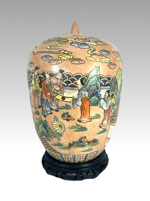 Antique Chinese Peach Pavillion Ginger Jar with Celebration Parade and Red Crowned Cranes