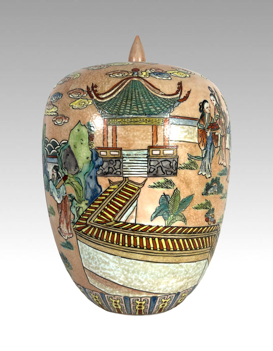 Antique Chinese Peach Pavillion Ginger Jar with Celebration Parade and Red Crowned Cranes