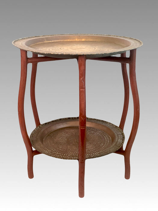 Mid Century Hong Kong Chinese 2 Tiered Faux Bamboo Engraved Brass Folding Tea / Side Table, Tray Table