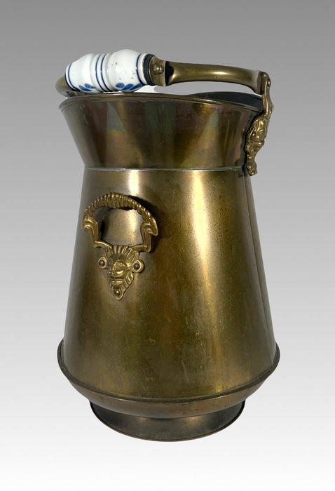 Tall Brass Coal Scuttle With Delft Porcelain Handle and Brass Lion Head Accents