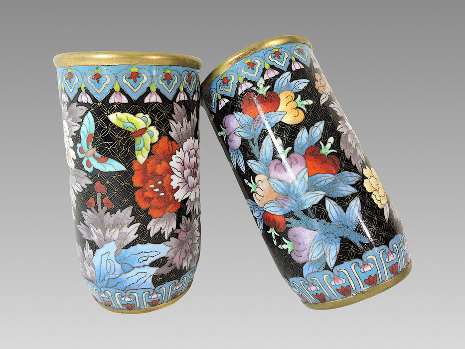 Antique Chinese Cloisonné Opposing Flower & Butterfly Cylindrical Brush Pots / Vases - a Pair