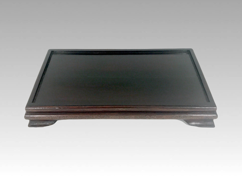 Large Antique Oriental Rectangular Wood Display Stand With Silver Wire Inlay, Late Qing 15.5" X 9"