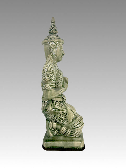 Large Celadon Crackle Glaze Kneeling Tappanom Thai Angel Figure (Thailand) 18".