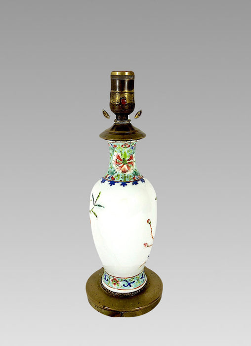 Antique Chinese  Famille Rose White Porcelain Brass Mounted Table or Bedside Lamp, Republic Period