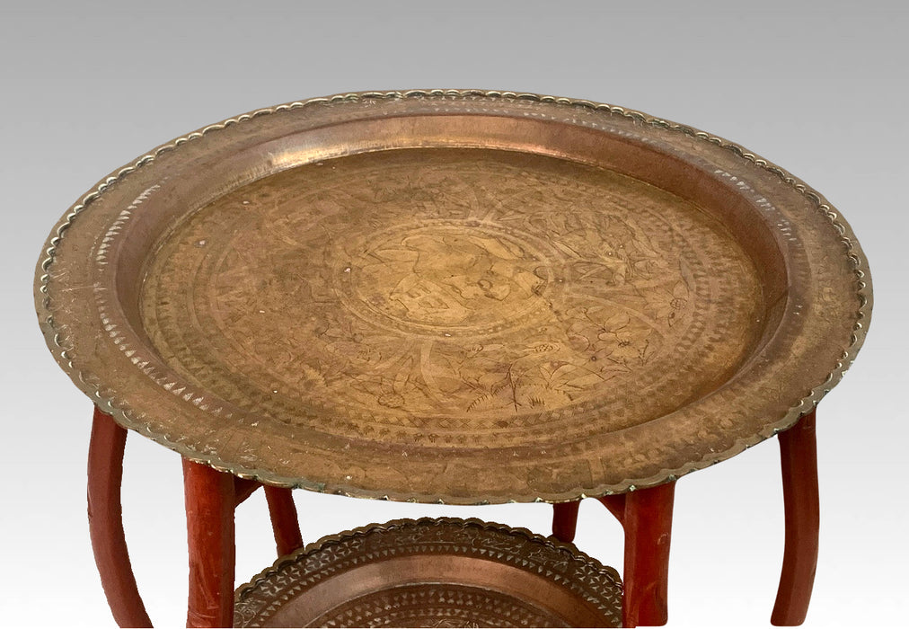 Mid Century Hong Kong Chinese 2 Tiered Faux Bamboo Engraved Brass Folding Tea / Side Table, Tray Table