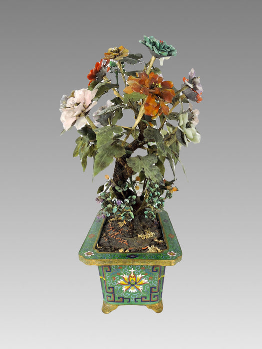 Semi Precious Stone Jade Tree With Flowers in Footed Cloisonné Ming Style Planter / Jardiniere