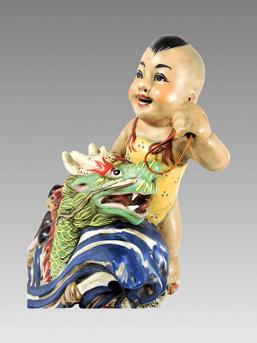 1920's Neptunes Child - Porcelain Figural Group with a Boy & His Green Dragon, Early Republic - Chinese