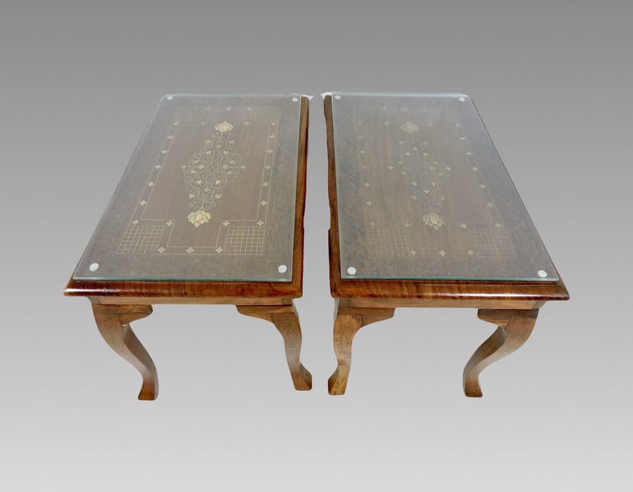 Solid Teak Side / Drinks Tables, Hard Carved With Inlaid Copper & Brass, Glass Tops - a Pair