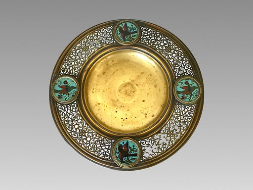Antique Persian Brass & Enamel Turquoise Cloisonné Tazza / Centre Bowl Piece with Blue Birds
