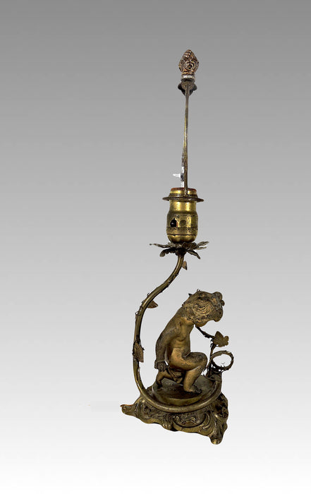 Antique 'Old Gold' Italian Table Lamp With Cherub / Angel (Putti) and Vines