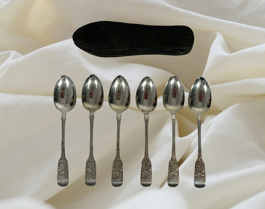 Antique Sterling Silver English Teaspoons, Original Shagreen Box, Dated 1855 by Henry Lias (Victorian), Set of 6