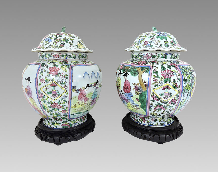 Antique Chinese Figural & Landscape Famille Rose White Porcelain Ginger Jars With Fluted Lids - a Pair