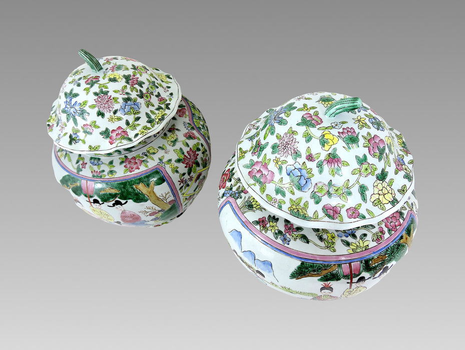 Antique Chinese Figural & Landscape Famille Rose White Porcelain Ginger Jars With Fluted Lids - a Pair