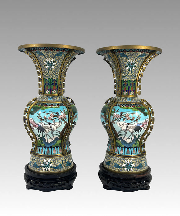 Mid 20th Century Jingfa Blue White Dragon Back Cloisonne Beaker Form Vases With Cranes & Lotus - a Pair on Wood Stands