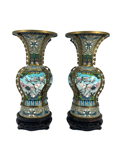Mid 20th Century Jingfa Blue White Dragon Back Cloisonne Beaker Form Vases With Cranes & Lotus - a Pair on Wood Stands