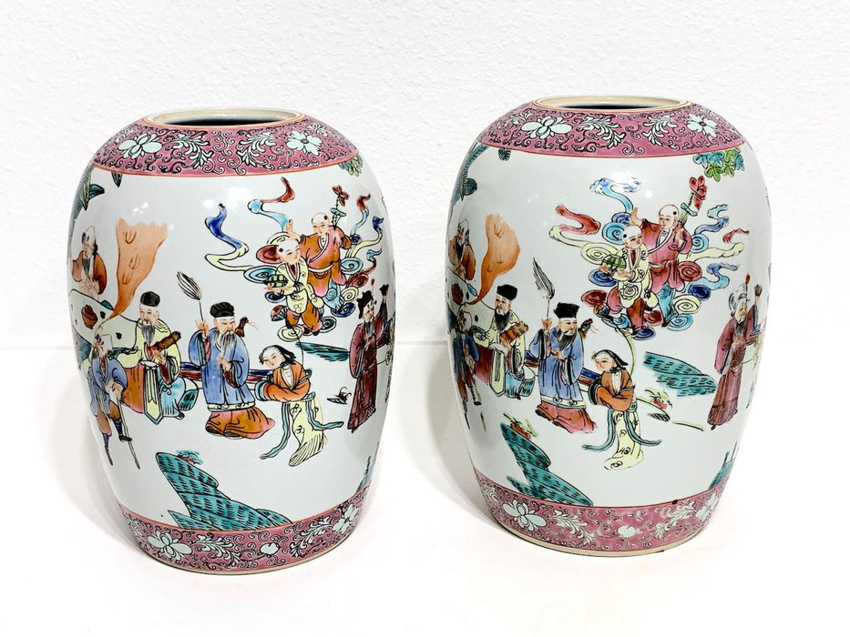 Vintage Famille Rose Chinese White Porcelain Ginger Jars / Vases by Maitland Smith, a Pair