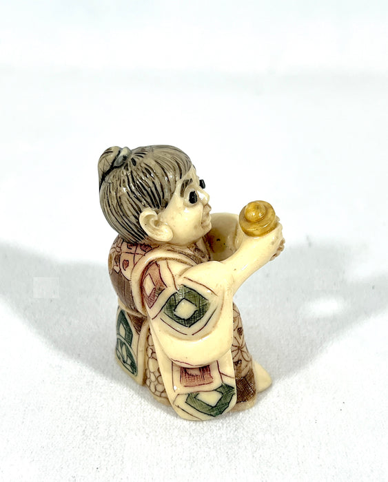 Vintage Chinese Netsuke - the Peach Seller and the Golden Ingot Bearer, a Pair, Brown Wood Stand