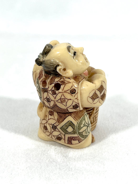 Vintage Chinese Netsuke - the Peach Seller and the Golden Ingot Bearer, a Pair, Brown Wood Stand