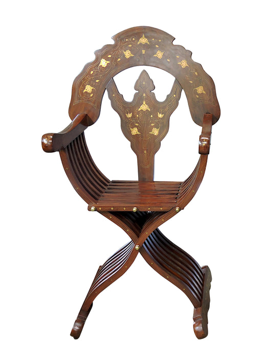 Vintage Savonarola Solid Rosewood Accent or Armchair Inlaid With Brass & Copper Motifs