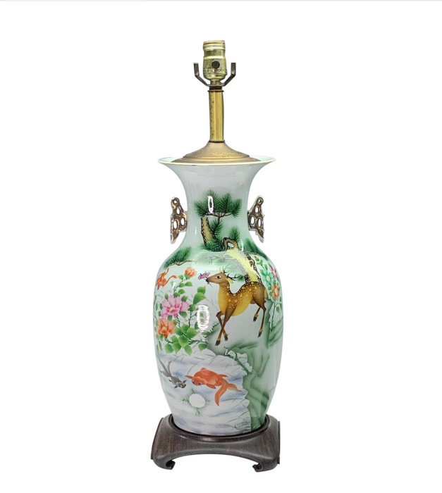 'Republic Period' Famille Rose Chinese Landscape & Lake White Porcelain Table Lamp on Ming Style Rosewood Stand