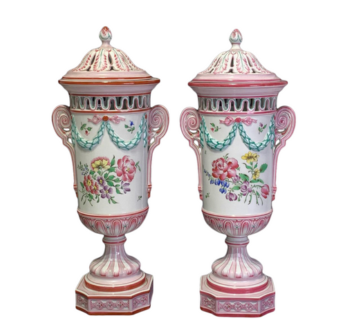 Early 20th Century French Faience Neoclassic Pink and White Lidded Porcelain Urns by K. G. Luneville - a Pair