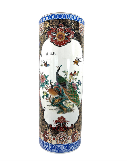 Vintage Chinese White Porcelain Umbrella Stand With Green Peacocks & Floral Scenes