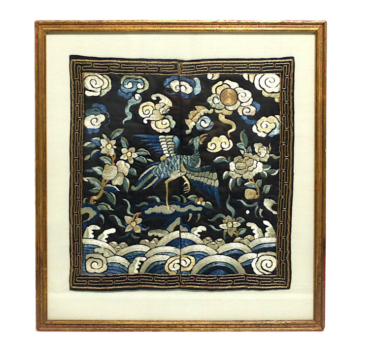Antique Qing Dynasty Chinese Navy Blue Silk Embroidered Civilian Rank Badge in Gilt Frame