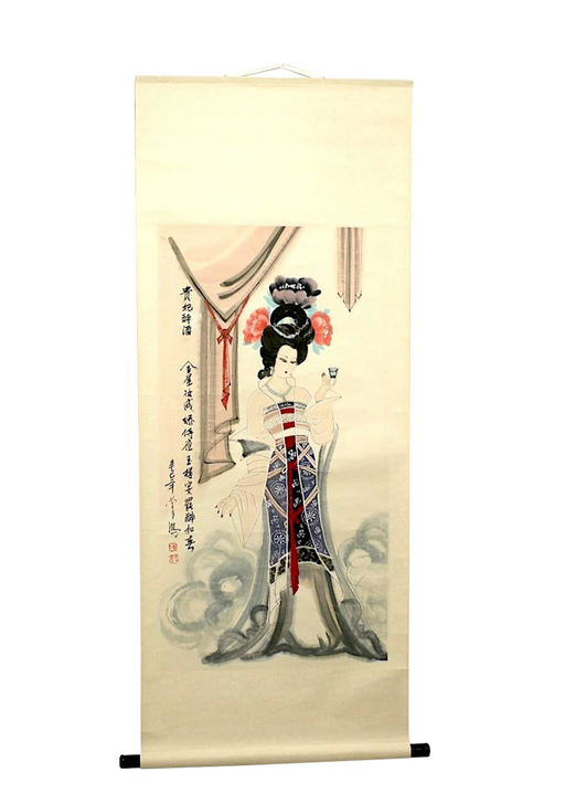 Vintage Original Chinese Scroll Painting of an Elegant Lady in an Interior Setting