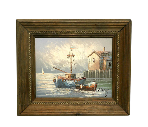 Vintage Oil on Board Harbor Scene With Docked Fishing Boats Signed by Markey, Rope & Wood Frame