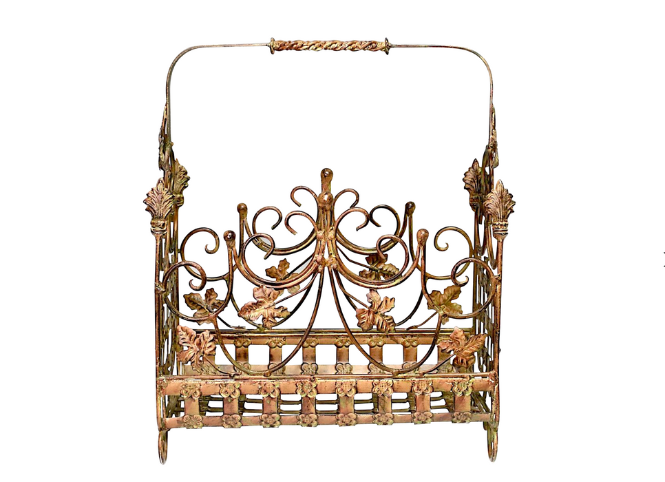 Vintage Italian Wrought Iron Copper Gold Magazine Stand With Rosettes and Leaves