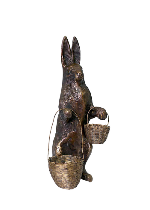Antique Edwardian Bronze Rabbit with Miniature Woven Brass Baskets