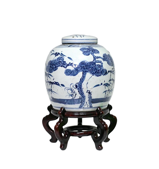 Antique Chinese Blue & White Porcelain Ginger Jar with Pine & Bamboo, on Wood Stand
