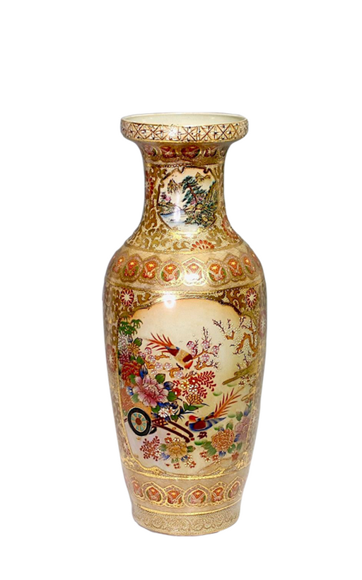 Large Vintage Chinese Porcelain Royal Satsuma Hand Painted Landscaped Baluster Floor Vase