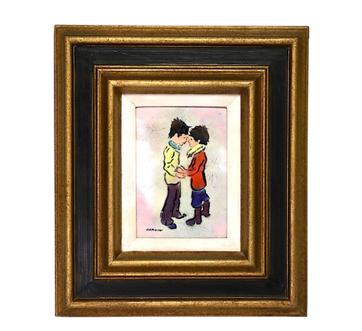 Vintage French Enamel on Copper Picture - "Young Love" by Louis Cardin