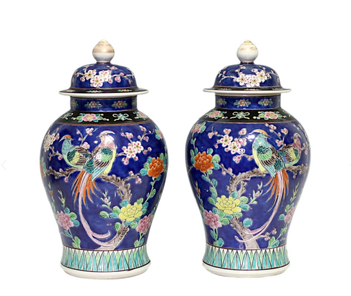 Antique Opposing Pair of Blue Japanese Cherry Blossom & Exotic Bird Yamatoku Porcelain Covered Urns  (Circa 1920) Taisho Era