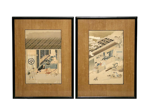 "The Mat Maker" & "The Bow Maker" Antique Japanese Prints After Mitsuoki Tosa -  a Pair
