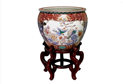 Large Chinese Export White Porcelain "Fish Bowl" Planter With Prunus, Birds and Flowers