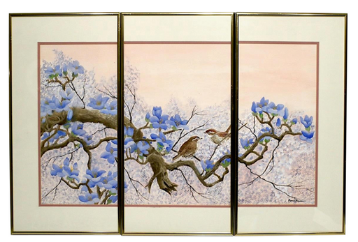 Triptych of Blue Flowers & Birds by Marisa Baron, Listed Hoosier Artist Original Chinoiserie Watercolour, Framed