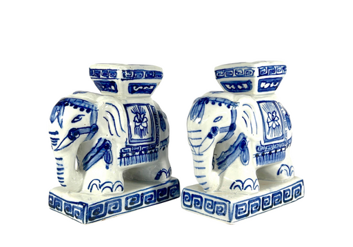 Vintage Blue and White Porcelain Hand Painted Elephants, Candlesticks or Vases