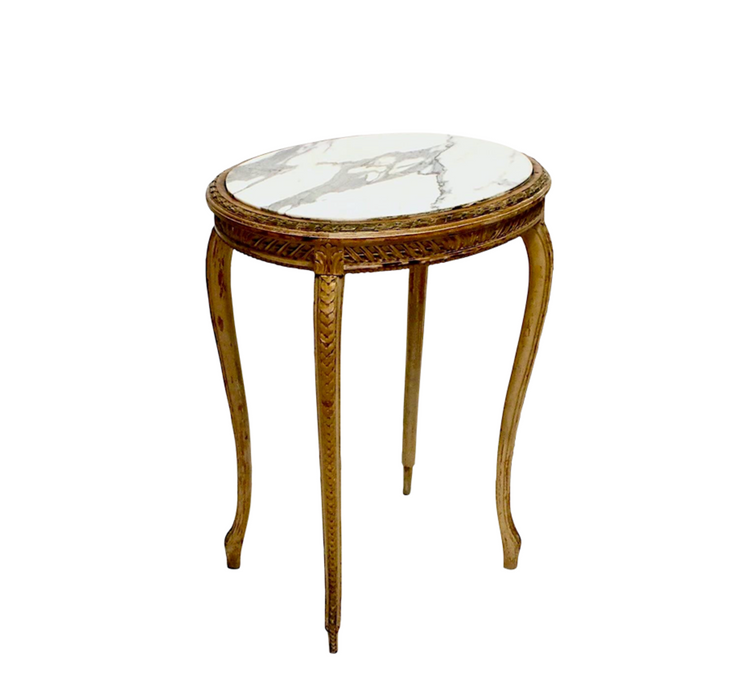 Antique French Louis XV Revival Carved Oval Occasional Side Table, Giltwood With Inset White Gray Marble Top