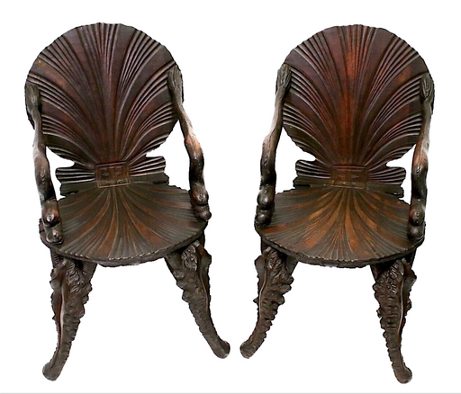 Italian 19th Century Carved Walnut Grotto Arm Chairs in the manner of Pauly Et Cie, A Pair